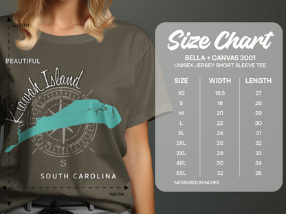 T-shirt with "Beaufort Island South Carolina" graphic and unisex sizing chart.