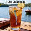 Glass of iced tea with Seneca Lake map and compass design.