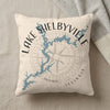 Light beige pillow with a blue map of Lake Shelbyville and a compass rose.