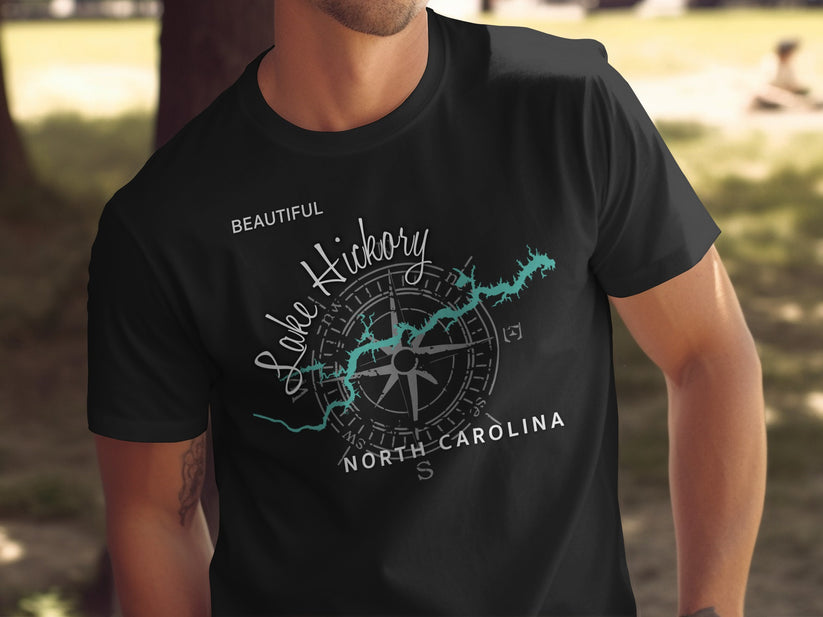 Black t-shirt with "Lake Hickory" map and compass design.