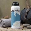 White water bottle with blue landscape design and "MANAWAN" text.