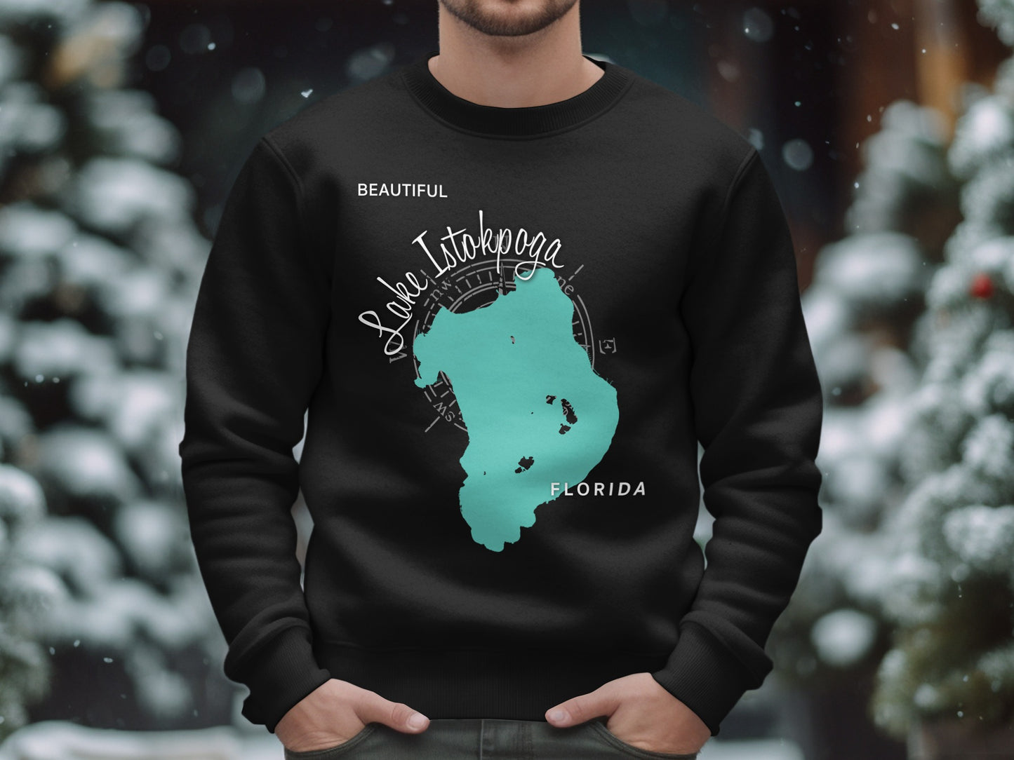 Black sweatshirt with blue map of Lake Istokpoga, Florida.