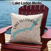 Pillow with Lake Ullswater map and compass design on Adirondack chair.