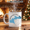 White mug with "Merrymeeting Lake New Hampshire" text and a blue lake silhouette.