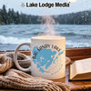White mug with "Big Sandy Lake Minnesota" map design, steaming hot, by a window.