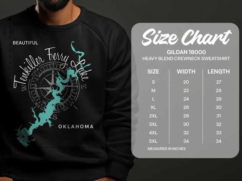 Crewneck sweatshirt size chart with map of Tenkiller Ferry Lake.