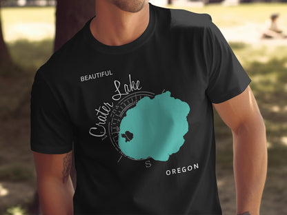 Black t-shirt with "Crater Lake" text and a teal map illustration.