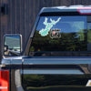 Turquoise Lanier Life sticker with heart on dark truck window.