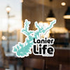 Lanier Life sticker with lake outline and text.