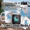 Mug, tumbler, and water bottle with Shaver Lake design and "Lake Lodge Media" logo.