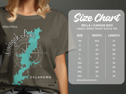 T-shirt size chart with measurements for Bella + Canvas 3001 unisex tee.