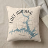 Throw pillow with Lake Harding Georgia map and compass graphic.