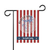 Red and white striped garden flag with Beaver Lake map, compass, and "The Smith Family".
