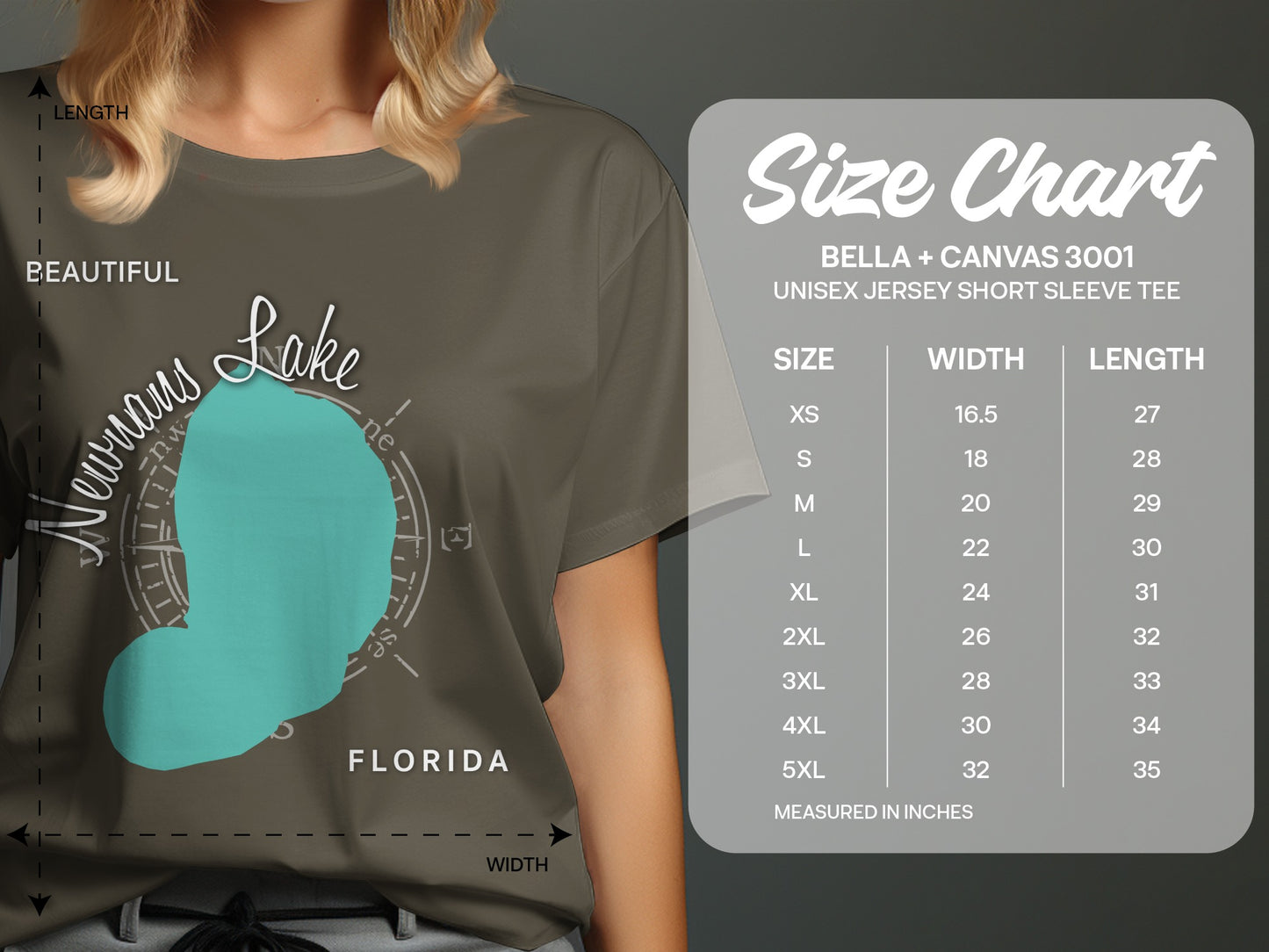 Newmans Lake, Florida graphic on a Bella + Canvas 3001 unisex t-shirt with size chart.