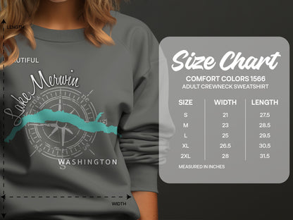 Lake Merwin Washington sweatshirt with size chart and measurements.