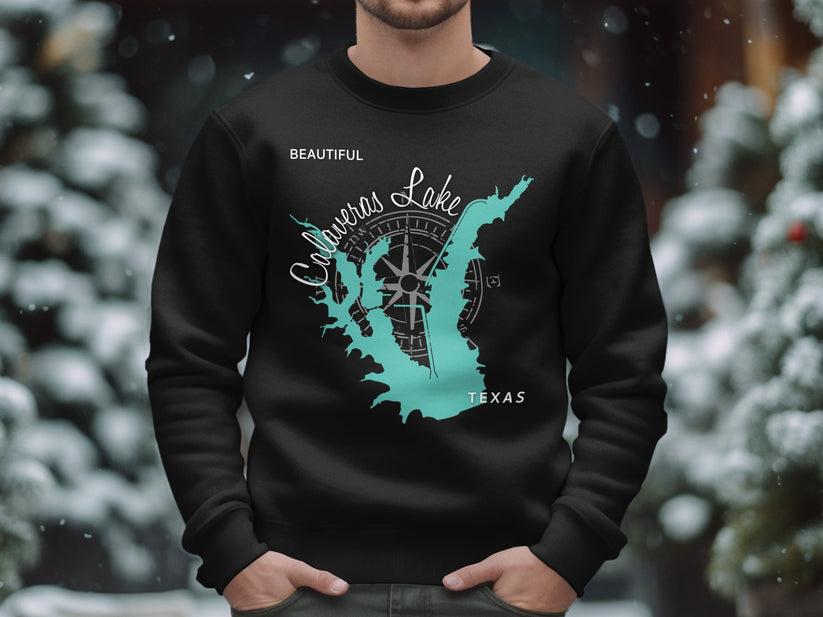 Black sweatshirt with teal Calaveras Lake map and compass design.