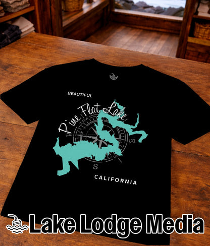Black t-shirt with "Pine Flat Lake California" and compass design.