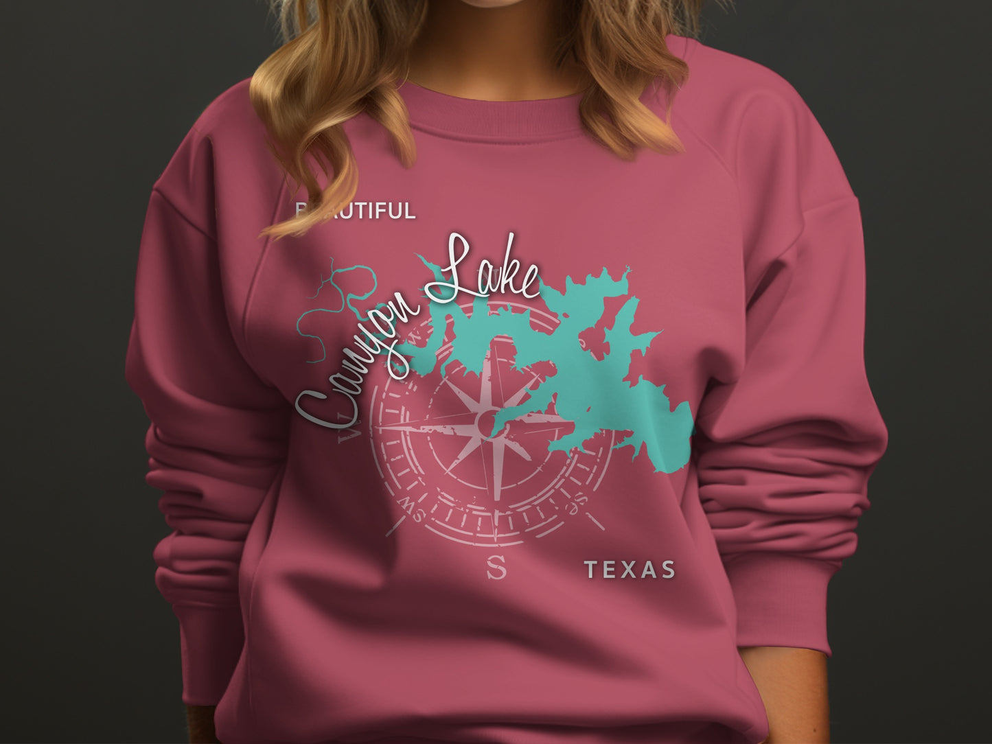 Crewneck sweatshirt with "Canyon Lake Texas" and compass rose design.