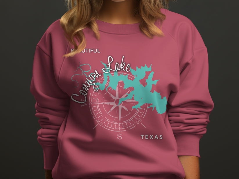 Crewneck sweatshirt with "Canyon Lake Texas" and compass rose design.