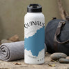 White water bottle with Quinault Washington map design and compass detail.