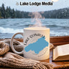 White mug with Lake Quinault, Washington map graphic by Lake Lodge Media.