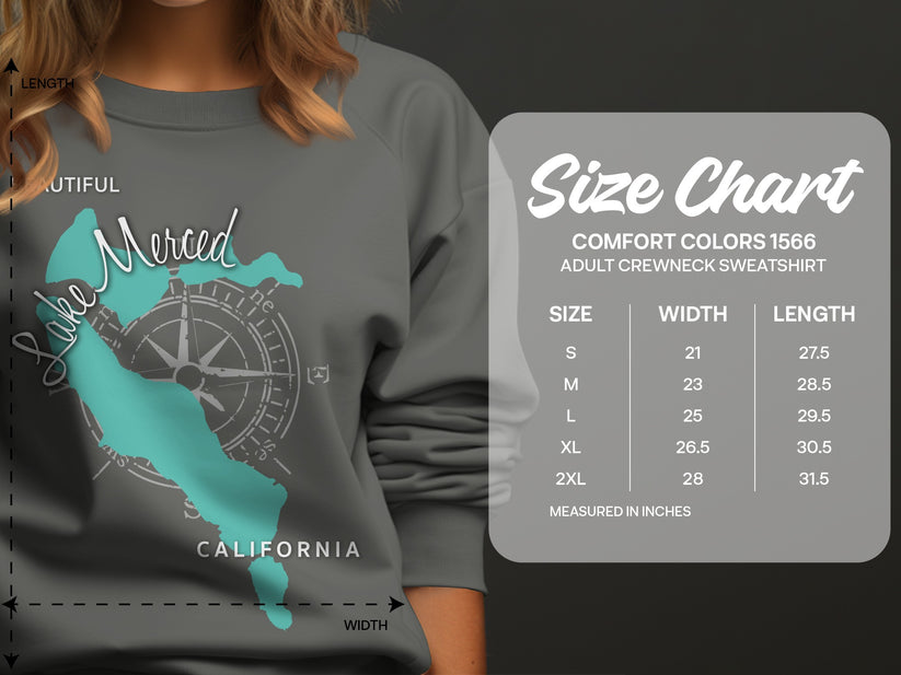 Comfort Colors 1566 sweatshirt size chart with measurements in inches.