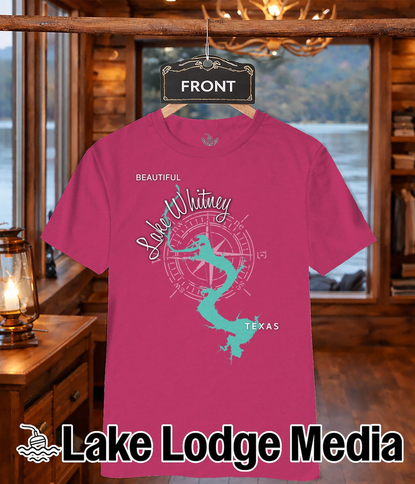 Pink t-shirt with "Lake Whitney" and compass design.