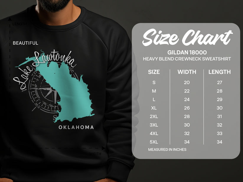 Gildan 18000 sweatshirt size chart with Oklahoma map graphic.