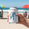 White can koozie with blue Lake Dillon Colorado map and compass design.