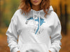 White hoodie with Rushford Lake map and compass graphic.