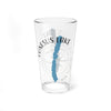 Clear glass pint glass with blue Conesus Lake shape and compass graphic.