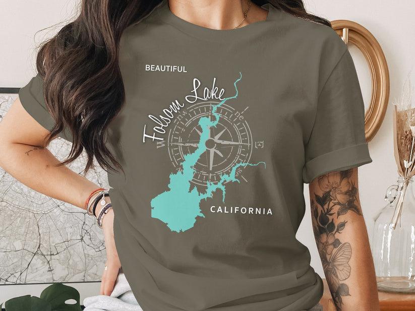 Folsom Lake California map on a gray t-shirt with compass rose graphic.