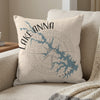 Lake Anna Virginia map design on a cream textured pillow with compass rose.