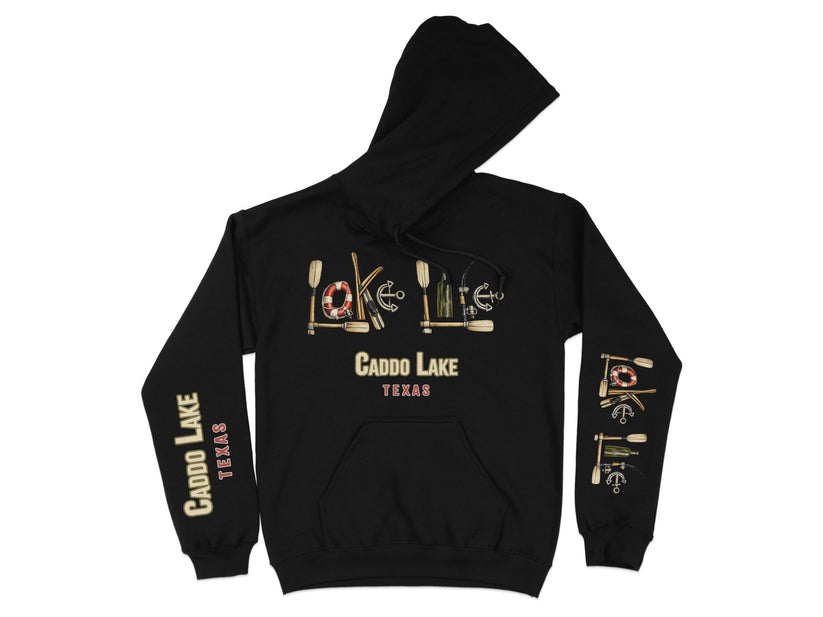 Black hoodie with "Caddo Lake Texas" and nautical graphics on chest and sleeves.
