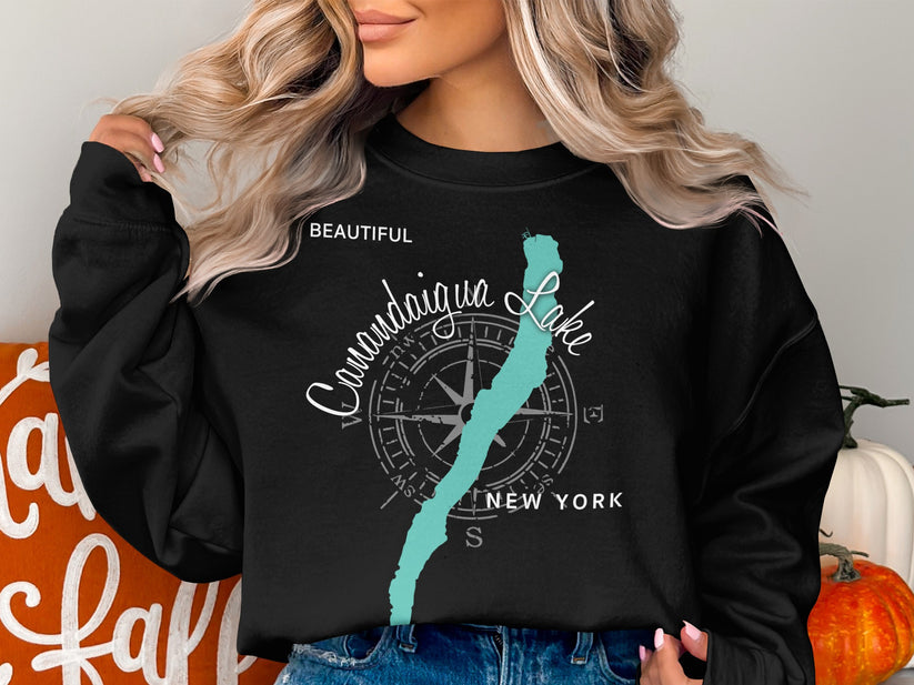 Black sweatshirt with "Beautiful Canandaigua Lake New York" map design.