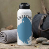 White water bottle with blue Okeechobee map graphic and black lid.