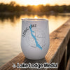White insulated tumbler featuring a blue map of Long Lake, Maine, and a compass rose graphic.