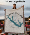 Fringed throw blanket featuring a teal Sam Rayburn Reservoir map and compass.