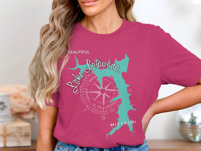 Pink t-shirt with Lake Lotawana, Missouri map and compass rose graphic.