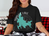 Black t-shirt with teal Shaver Lake map and compass graphic, labeled California.