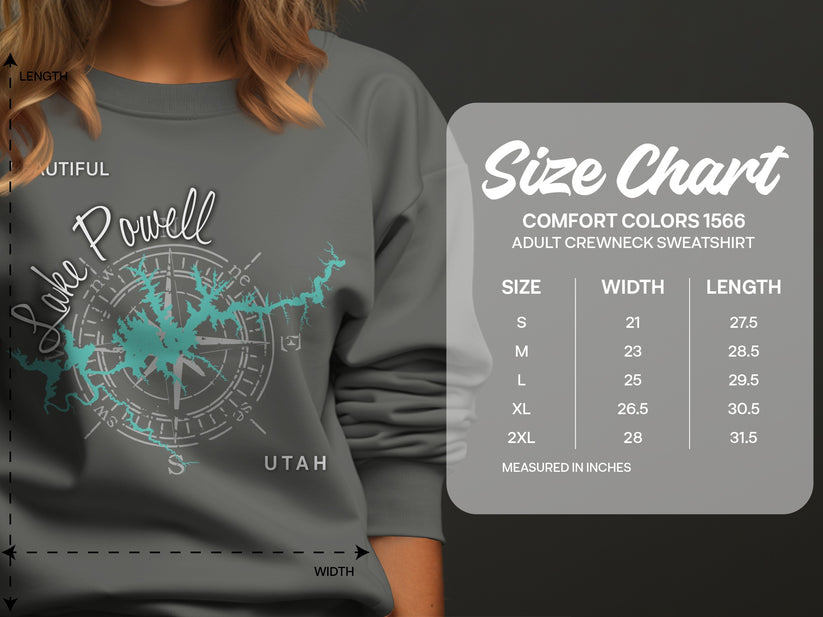 Lake Powell compass graphic on a grey Comfort Colors 1566 sweatshirt size chart.