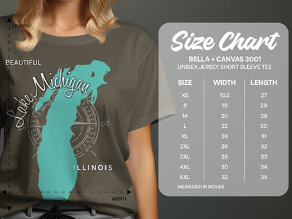 Size chart for Bella + Canvas 3001 unisex t-shirts with measurements.