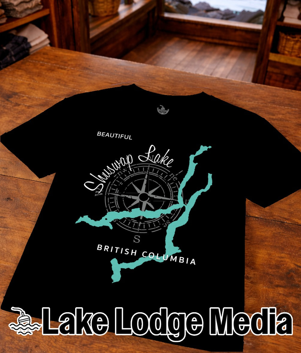 Black t-shirt with "Shuswap Lake British Columbia" and a compass rose design.