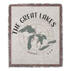 Woven throw featuring the Great Lakes map and compass design with text.