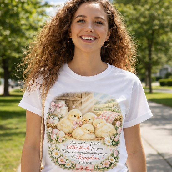 Fear Not Little Flock Easter Chicks Bible Verse Ultra-Soft T-Shirt | Christian Scripture Vintage Farmhouse Baby Chick Design
