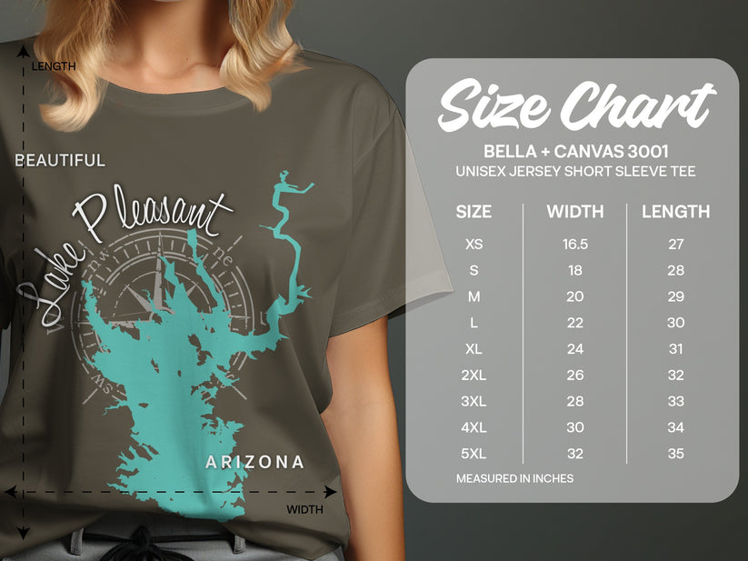 T-shirt size chart for Bella + Canvas 3001 unisex short sleeve tee.