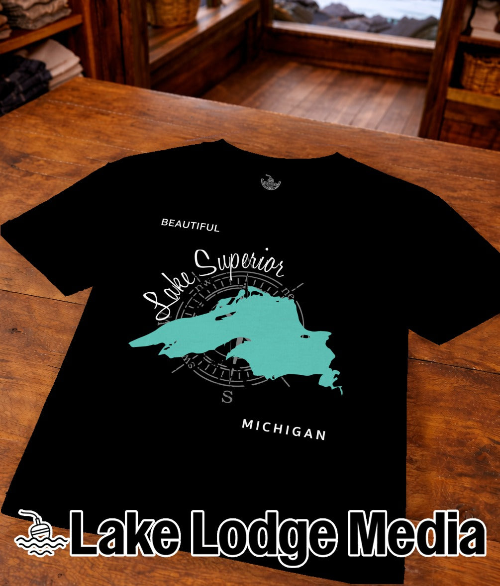 Black t-shirt with Lake Superior map and "Lake Lodge Media" text.