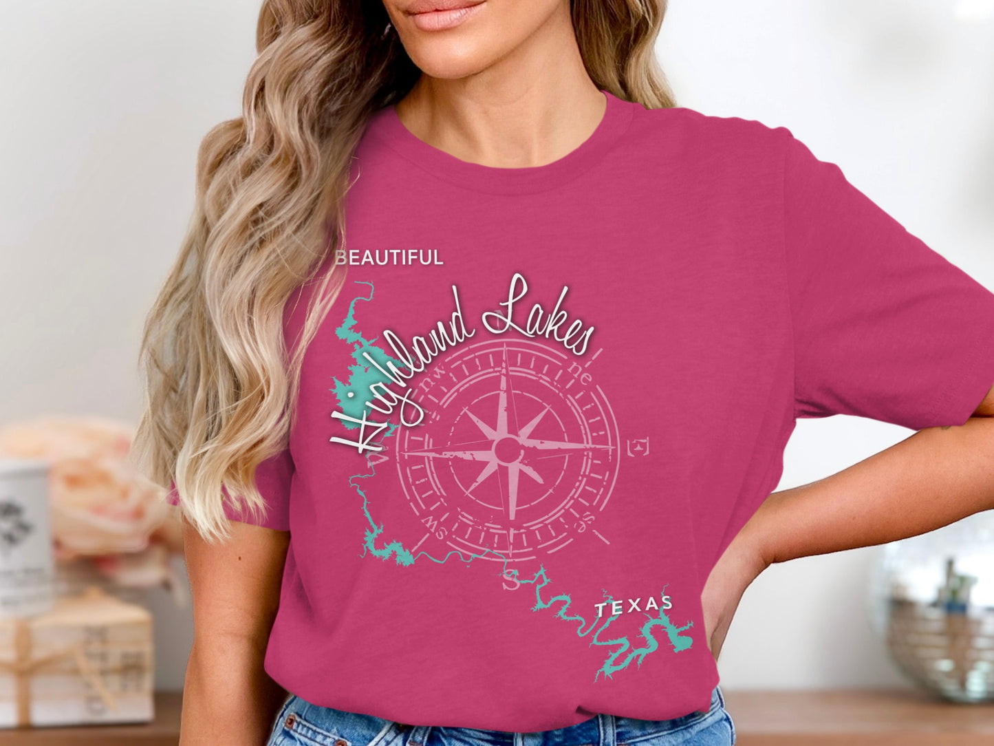Pink t-shirt with a map of Highland Lakes, Texas and compass rose.