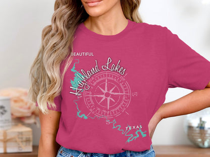 Pink t-shirt with a map of Highland Lakes, Texas and compass rose.