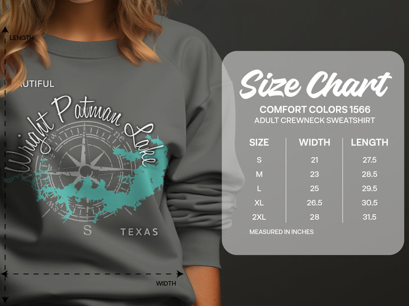 Crewneck sweatshirt size chart for Wright Patman Lake design.
